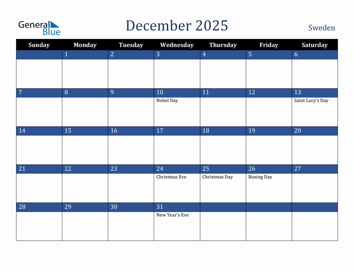 December 2025 Sweden Holiday Calendar