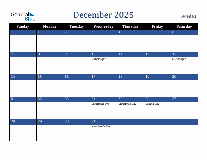 December 2025 Sweden Calendar (Sunday Start)