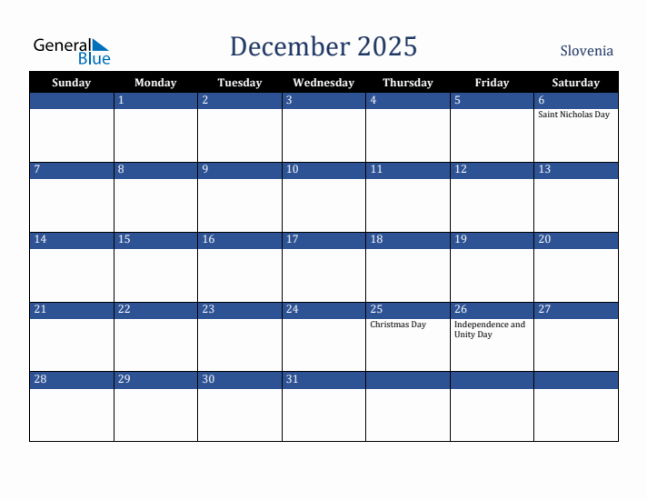 December 2025 Slovenia Calendar (Sunday Start)