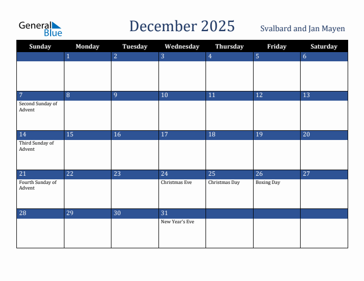 December 2025 Svalbard and Jan Mayen Calendar (Sunday Start)