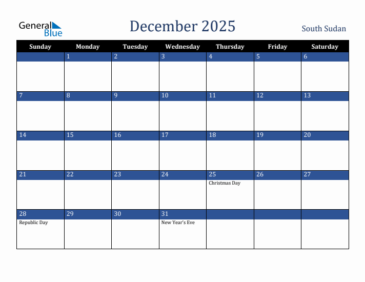 December 2025 South Sudan Calendar (Sunday Start)