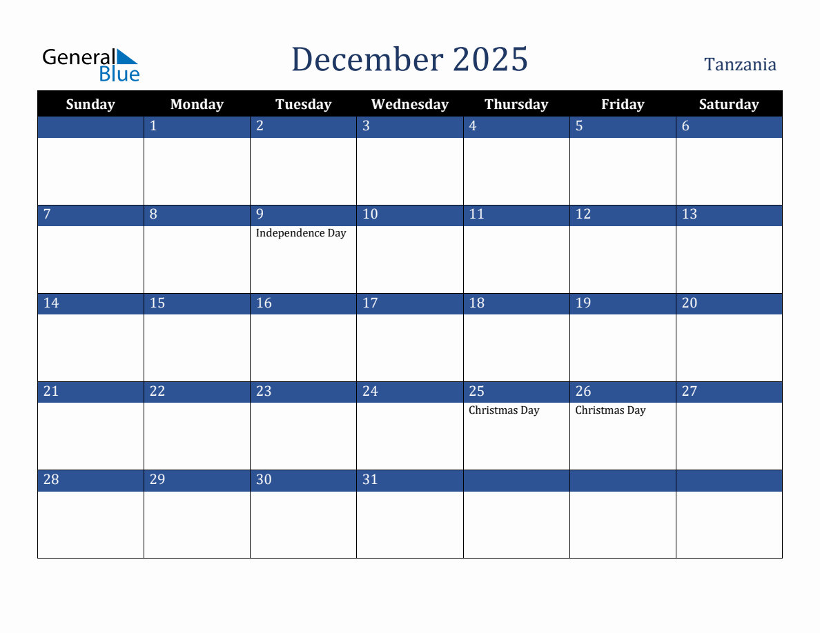 December 2025 Tanzania Holiday Calendar