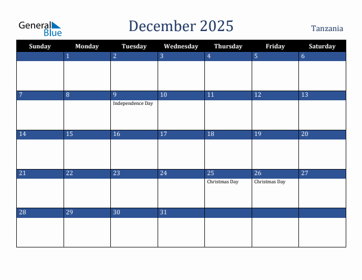 December 2025 Tanzania Calendar (Sunday Start)