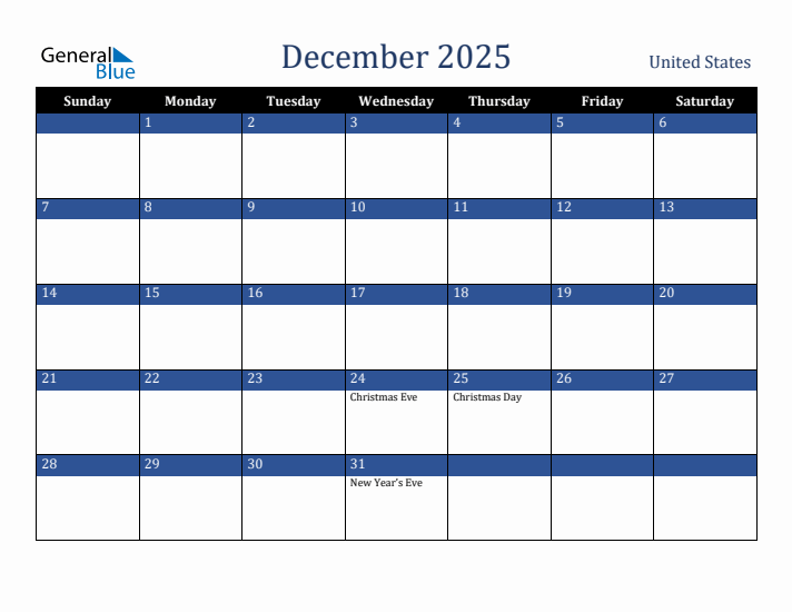 December 2025 United States Calendar (Sunday Start)