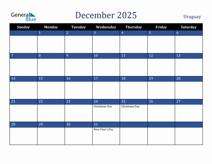 December 2025 Uruguay Calendar (Sunday Start)