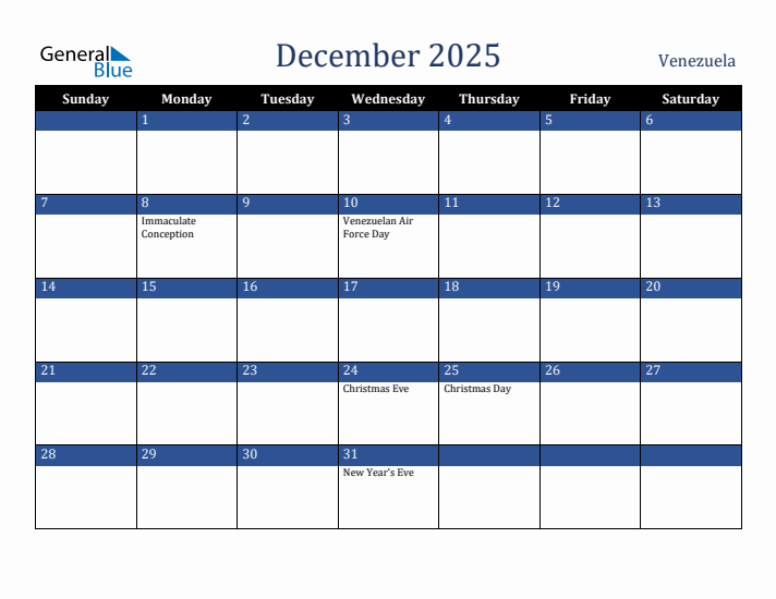 December 2025 Venezuela Calendar (Sunday Start)