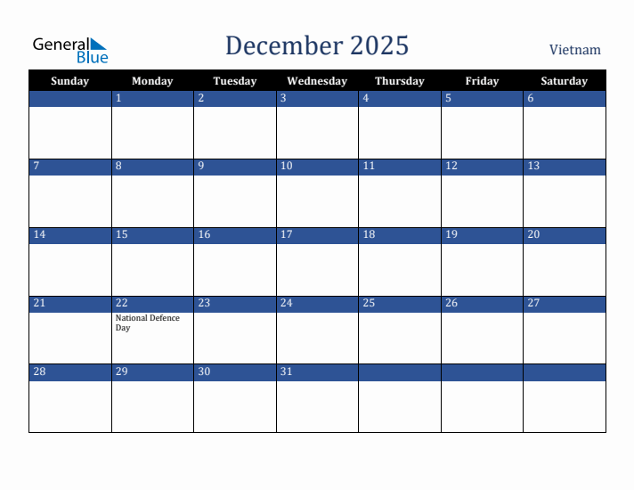 December 2025 Vietnam Calendar (Sunday Start)