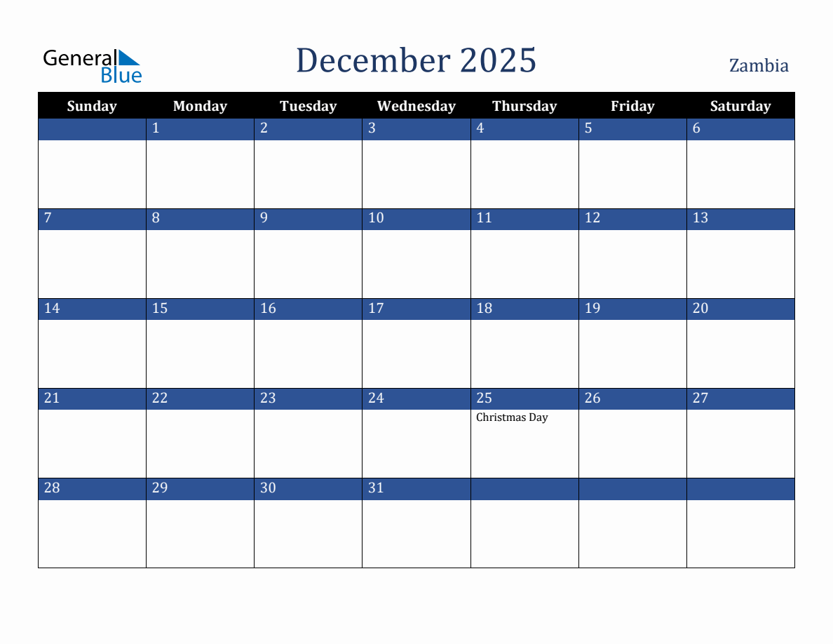 December 2025 Zambia Holiday Calendar