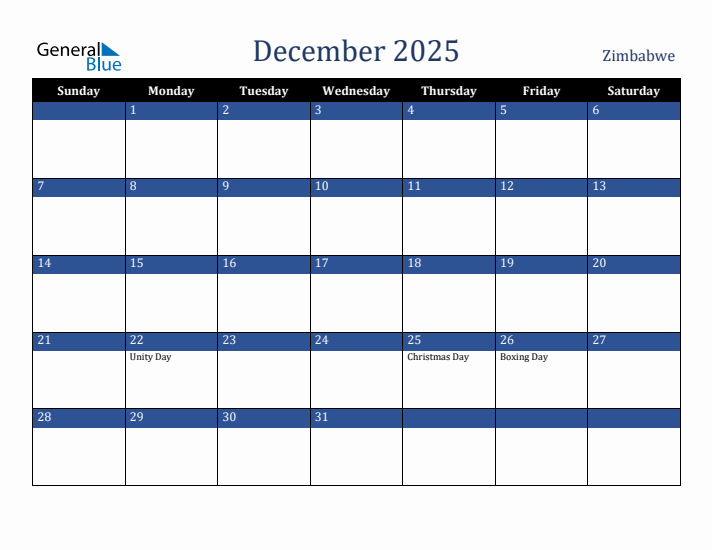 December 2025 Zimbabwe Calendar (Sunday Start)