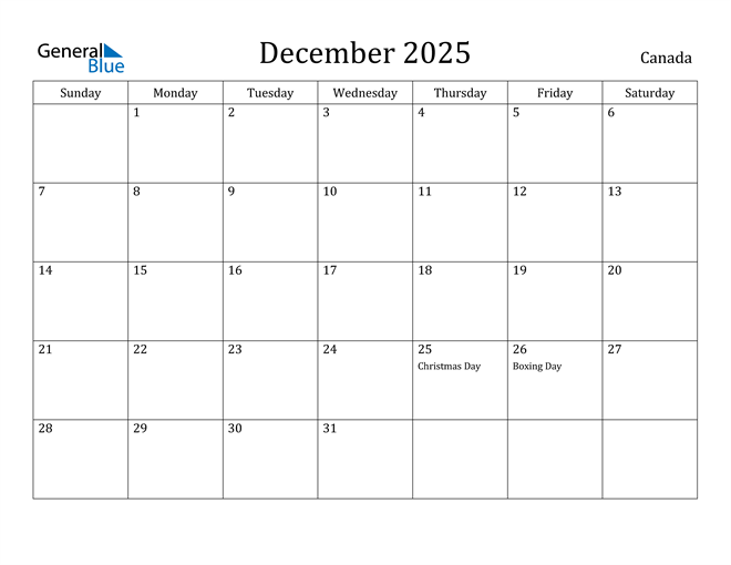 Printable December 2025 Calendar Canada