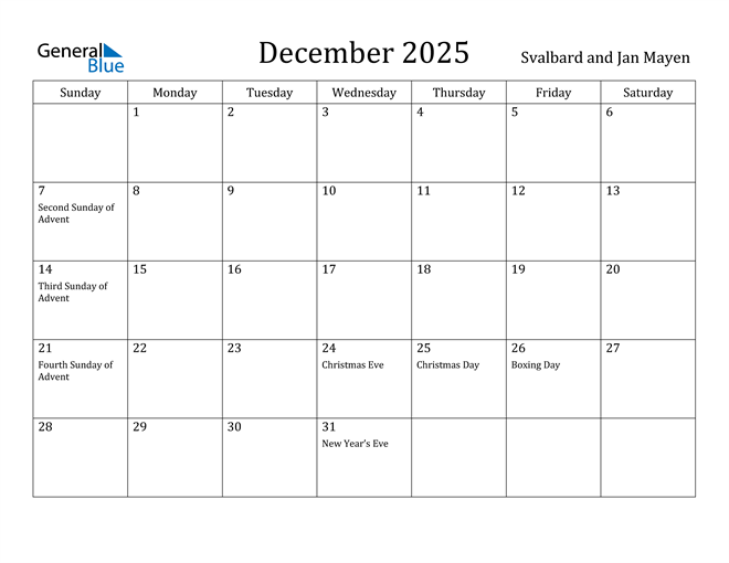 Svalbard and Jan Mayen December 2025 Calendar with Holidays