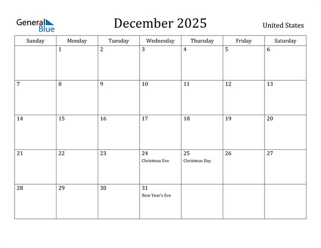 December 2025 Calendar United States