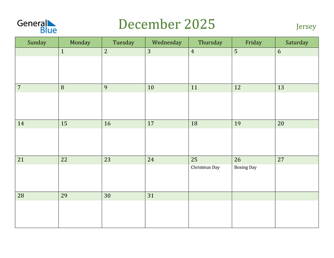 Jersey December 2025 Calendar with Holidays