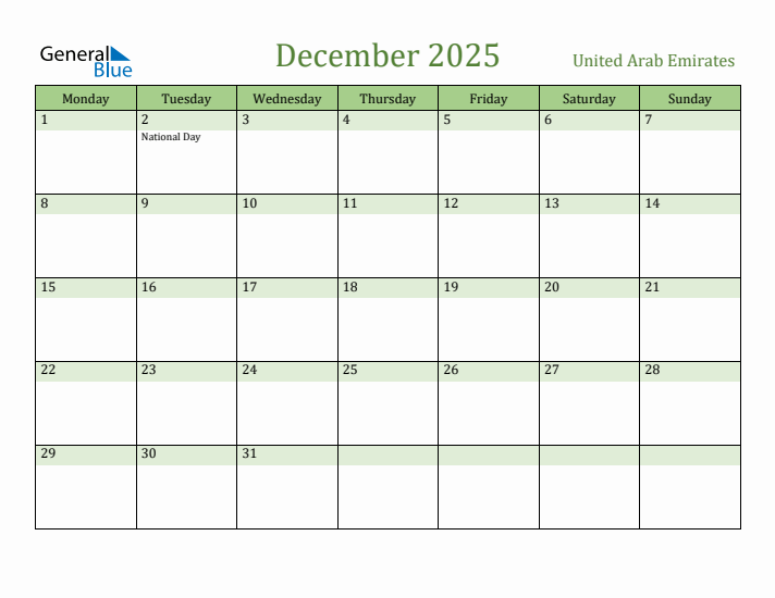 December 2025 Calendar with United Arab Emirates Holidays