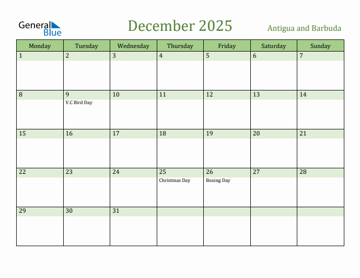 December 2025 Calendar with Antigua and Barbuda Holidays