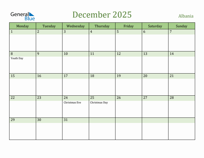 December 2025 Calendar with Albania Holidays