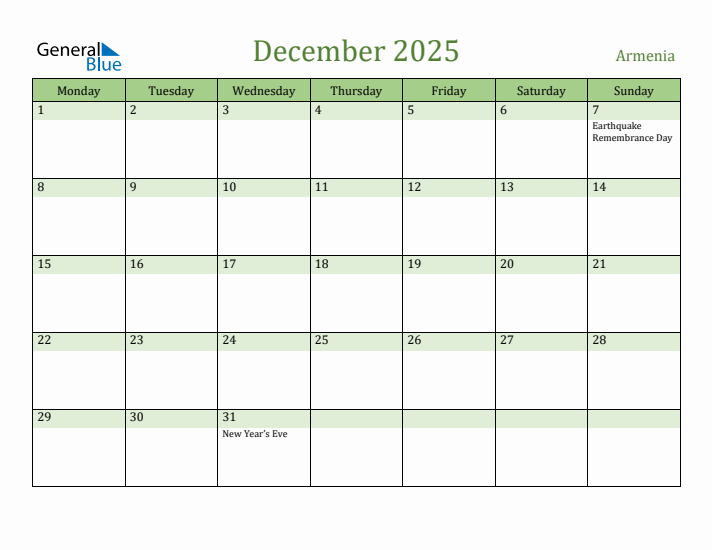 December 2025 Calendar with Armenia Holidays