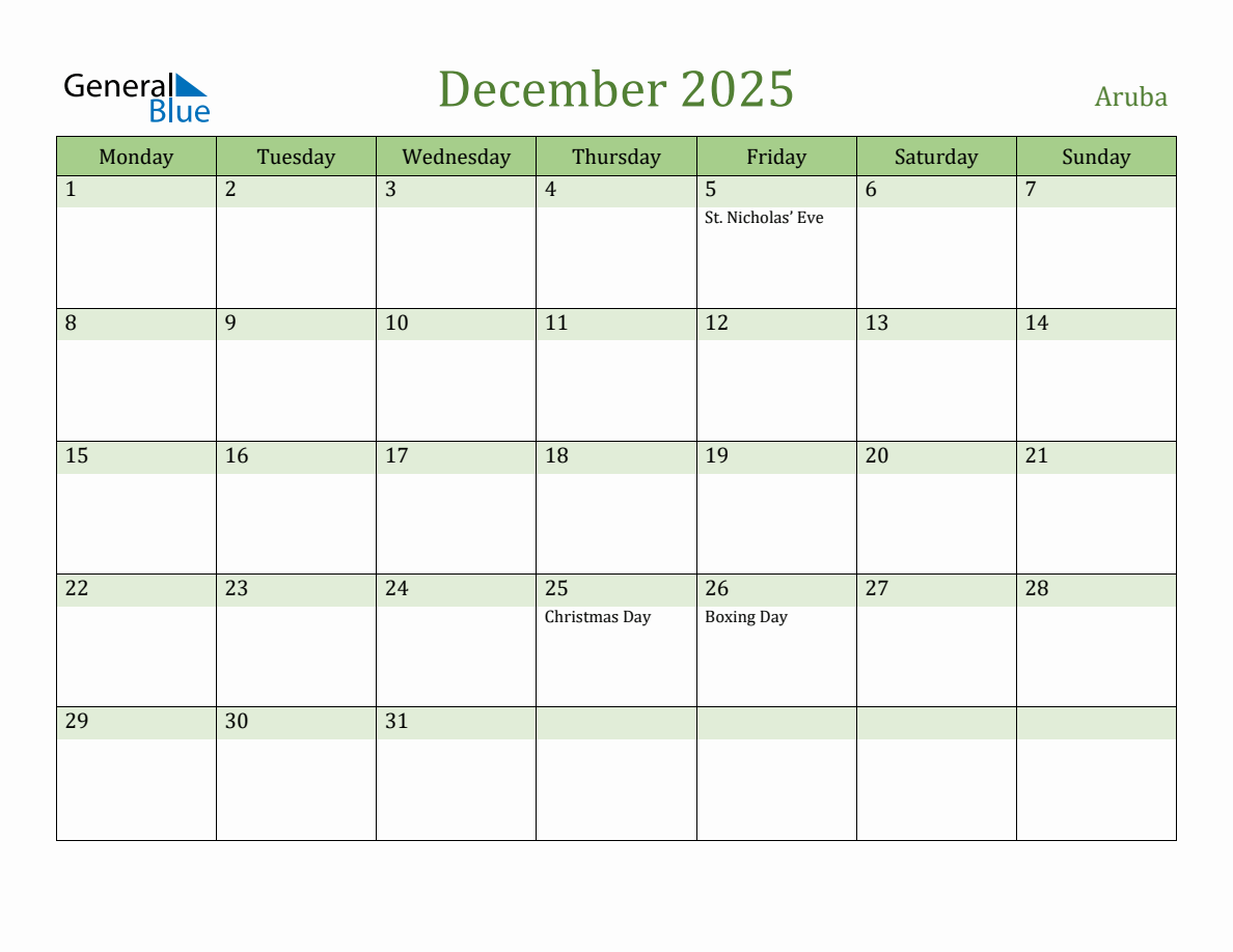 Fillable Holiday Calendar for Aruba December 2025