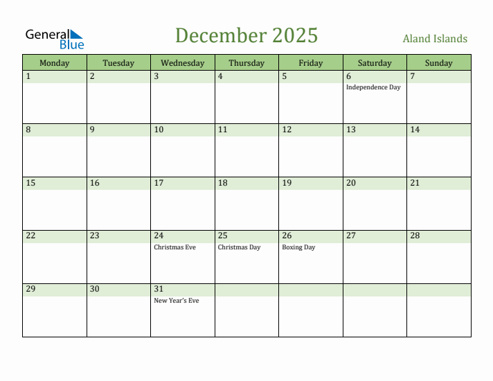 December 2025 Calendar with Aland Islands Holidays