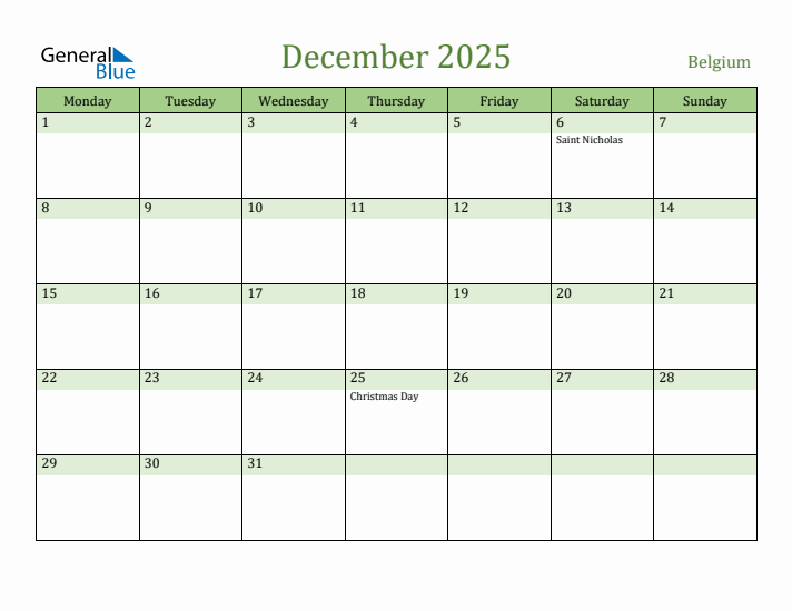 December 2025 Calendar with Belgium Holidays