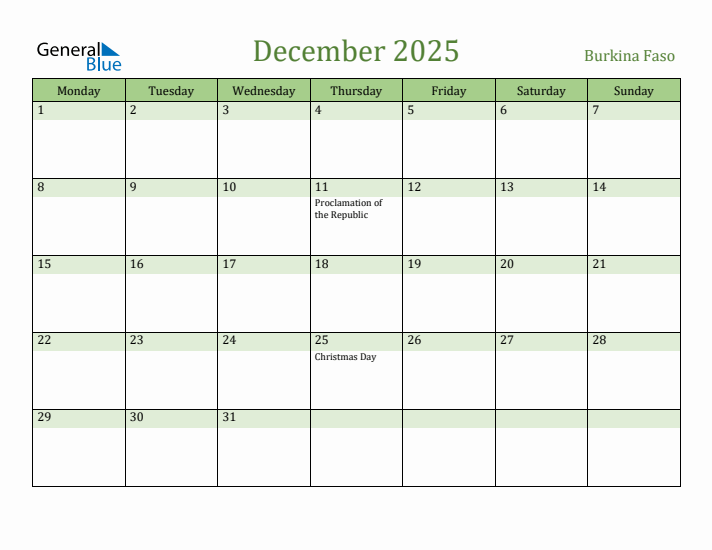 December 2025 Calendar with Burkina Faso Holidays