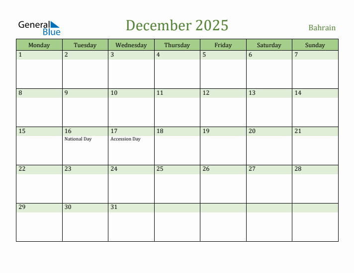 December 2025 Calendar with Bahrain Holidays