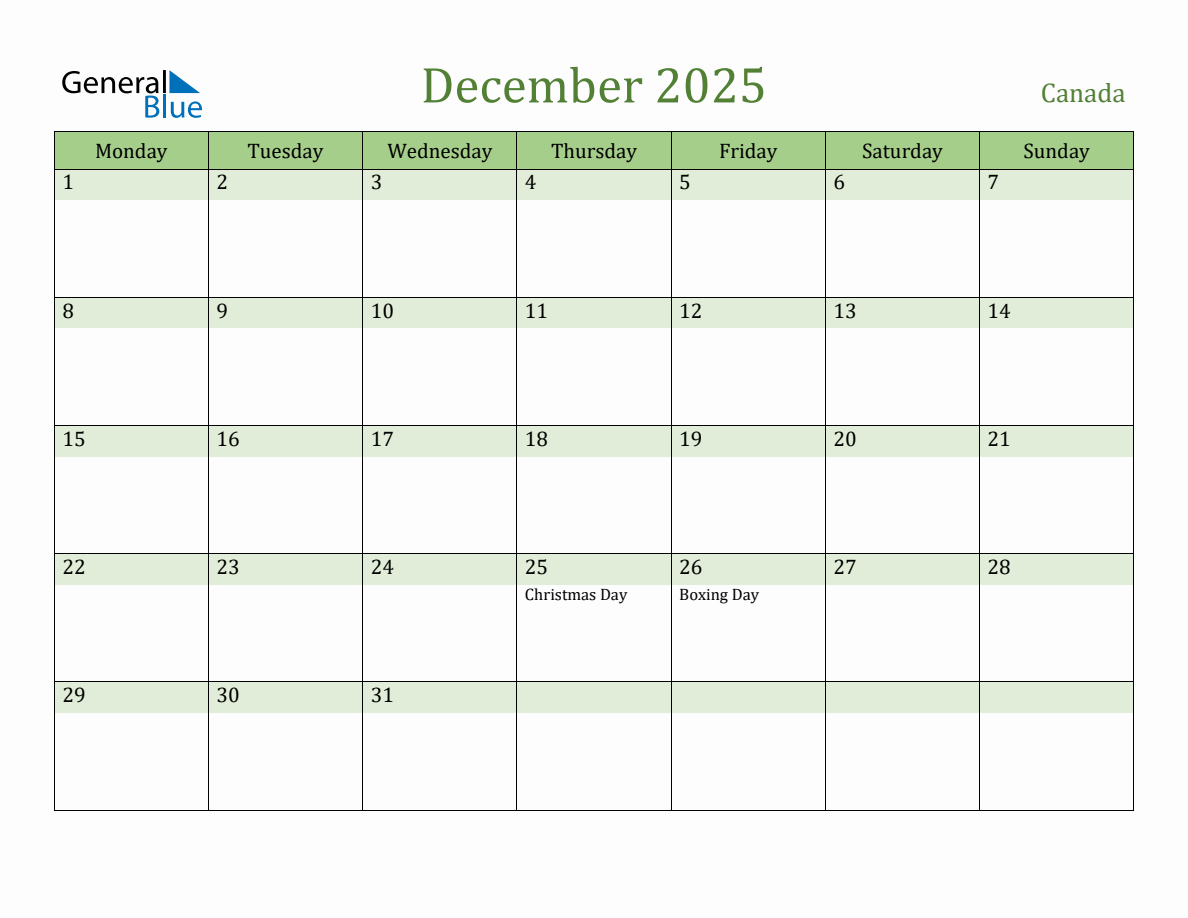 Fillable Holiday Calendar for Canada December 2025