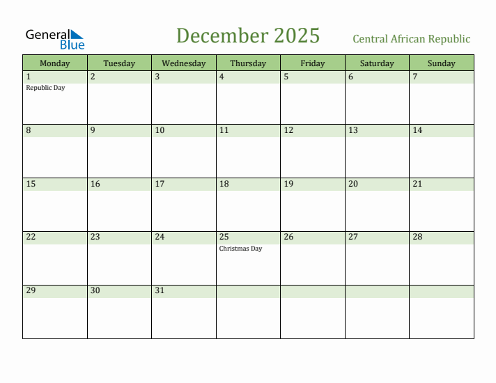 December 2025 Calendar with Central African Republic Holidays