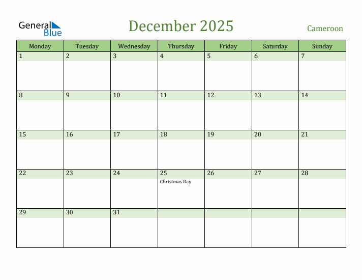December 2025 Calendar with Cameroon Holidays