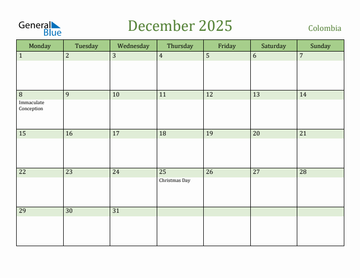 December 2025 Calendar with Colombia Holidays