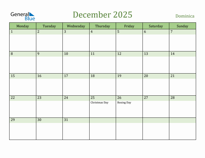 December 2025 Calendar with Dominica Holidays