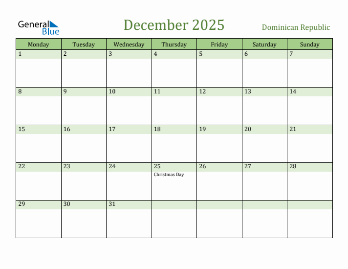 December 2025 Calendar with Dominican Republic Holidays