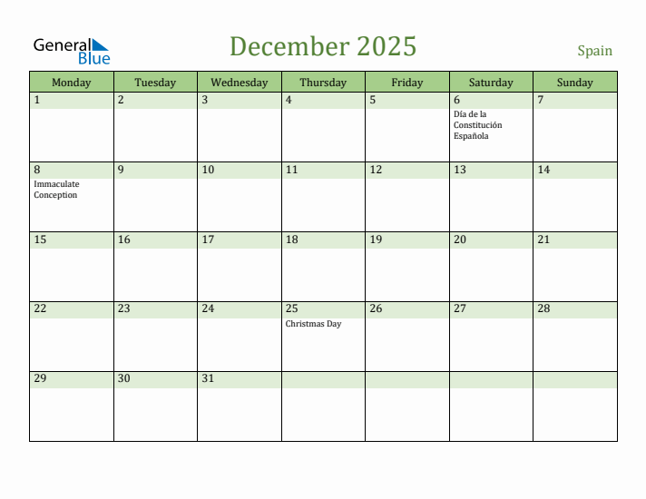 December 2025 Calendar with Spain Holidays