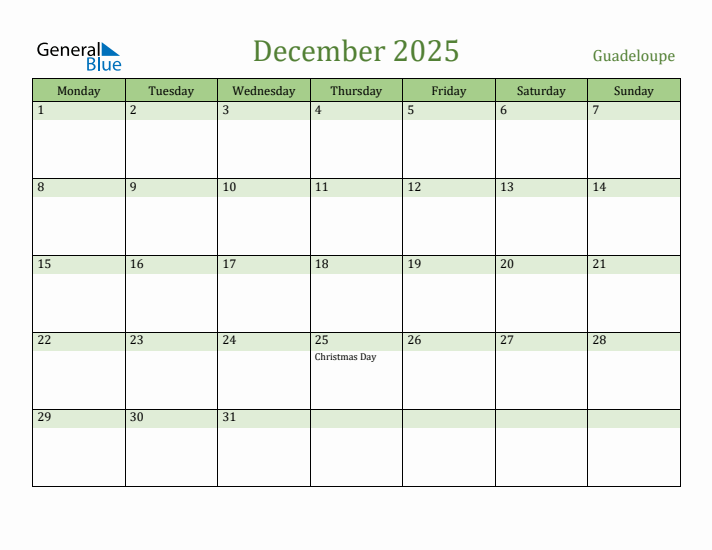 December 2025 Calendar with Guadeloupe Holidays
