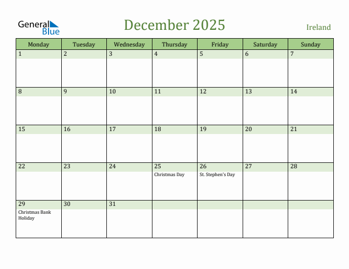December 2025 Calendar with Ireland Holidays