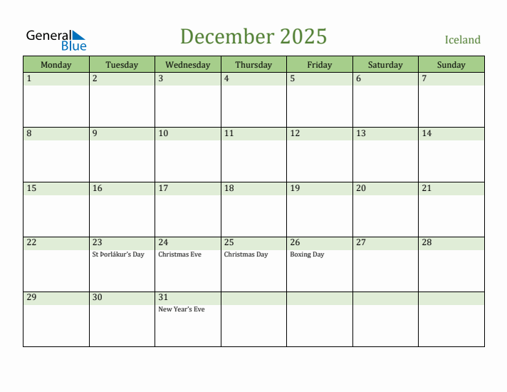 December 2025 Calendar with Iceland Holidays