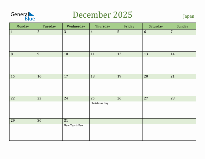 December 2025 Calendar with Japan Holidays