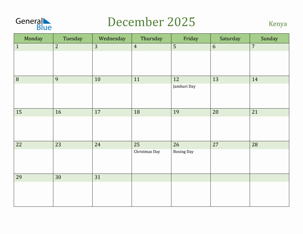 Fillable Holiday Calendar for Kenya - December 2025