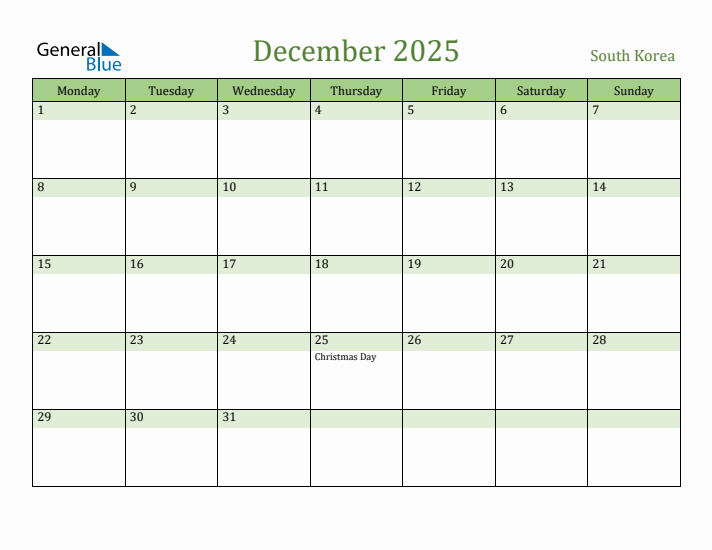 December 2025 Calendar with South Korea Holidays