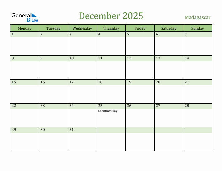 December 2025 Calendar with Madagascar Holidays