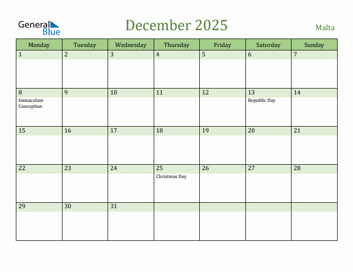 December 2025 Calendar with Malta Holidays