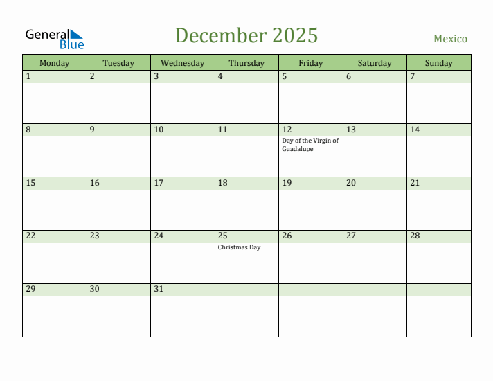 December 2025 Mexico Monthly Calendar with Holidays