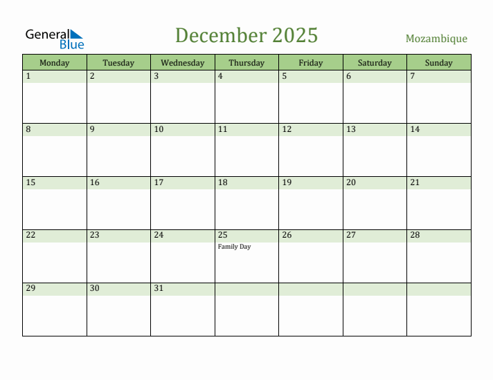 December 2025 Calendar with Mozambique Holidays