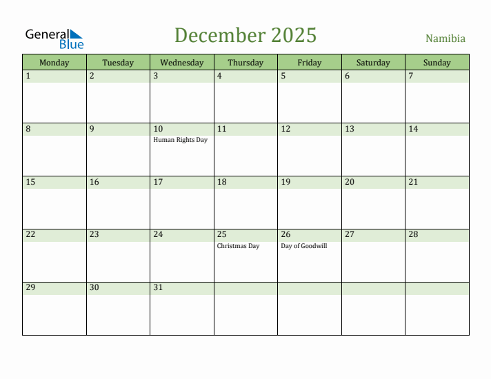 December 2025 Calendar with Namibia Holidays