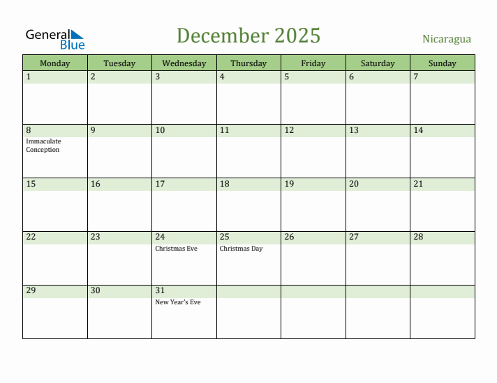 December 2025 Calendar with Nicaragua Holidays