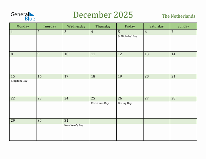 December 2025 Calendar with The Netherlands Holidays