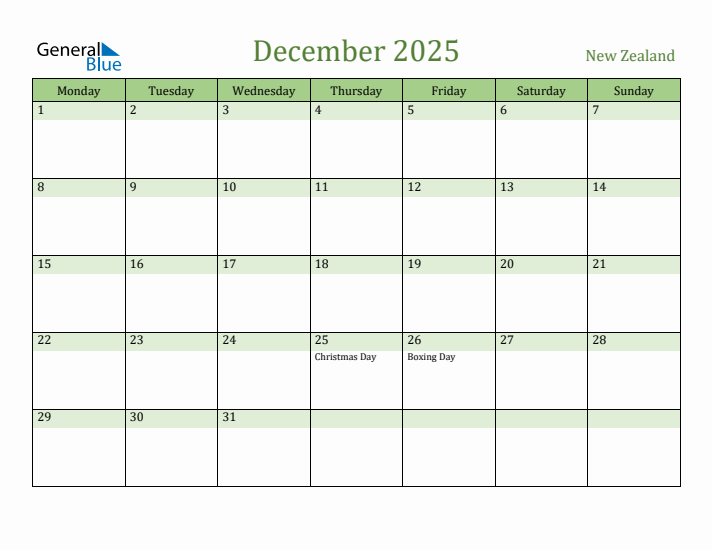 December 2025 Calendar with New Zealand Holidays