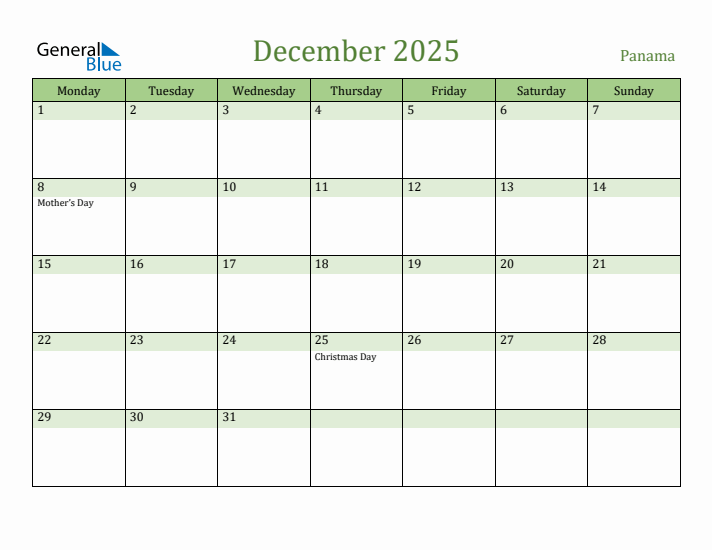 December 2025 Calendar with Panama Holidays