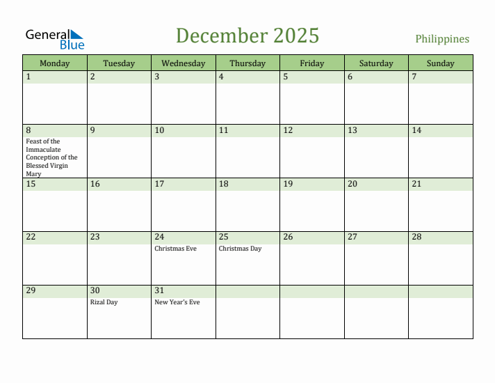 December 2025 Calendar with Philippines Holidays