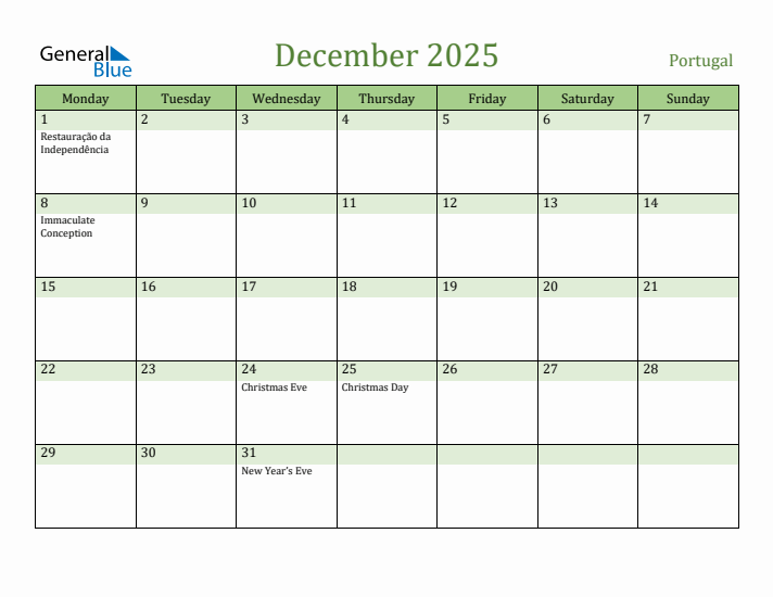 December 2025 Calendar with Portugal Holidays